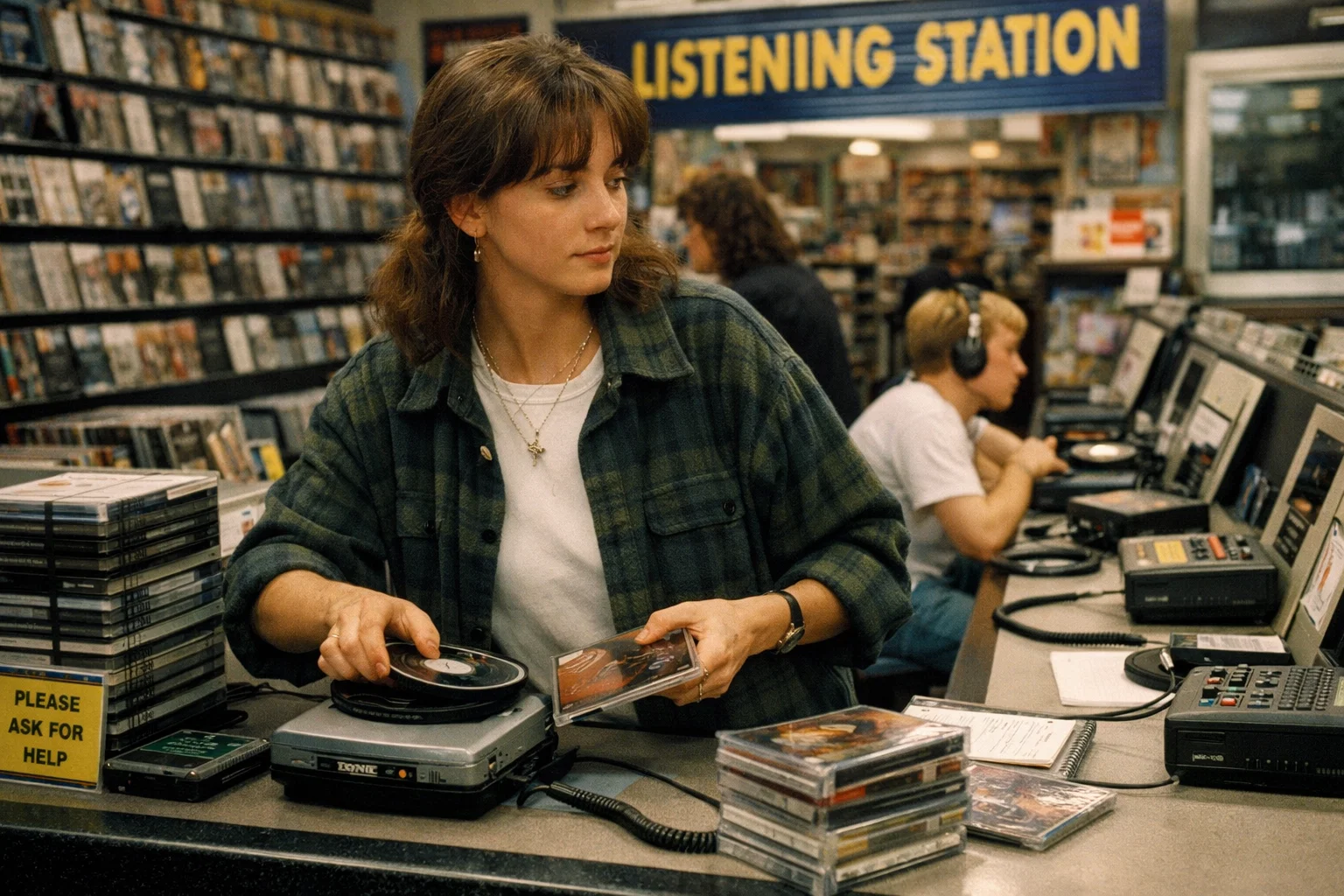 A woman in a plaid shirt uses a CD player at a "Listening Station" in a music store, surrounded by stacks of CDs. Other people are listening to music with headphones in the background.