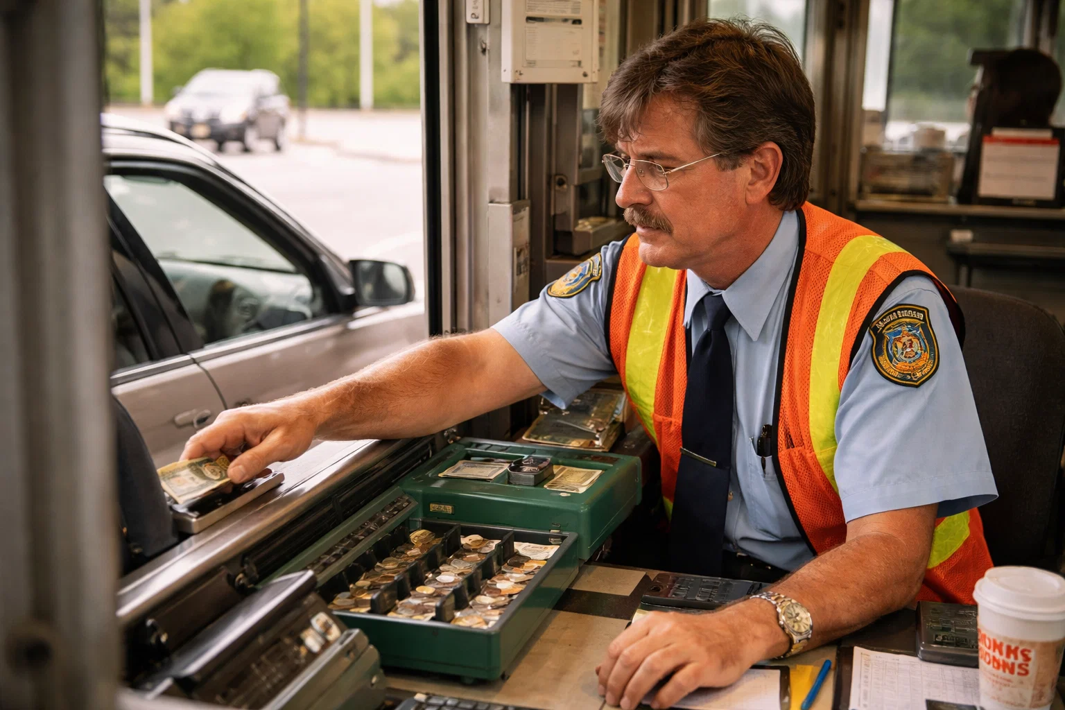 A male toll booth worker in a safety vest sits at a booth window, handing change to a driver. Coins and bills are organized in trays on the counter, and a coffee cup is nearby. A car is visible outside the window.