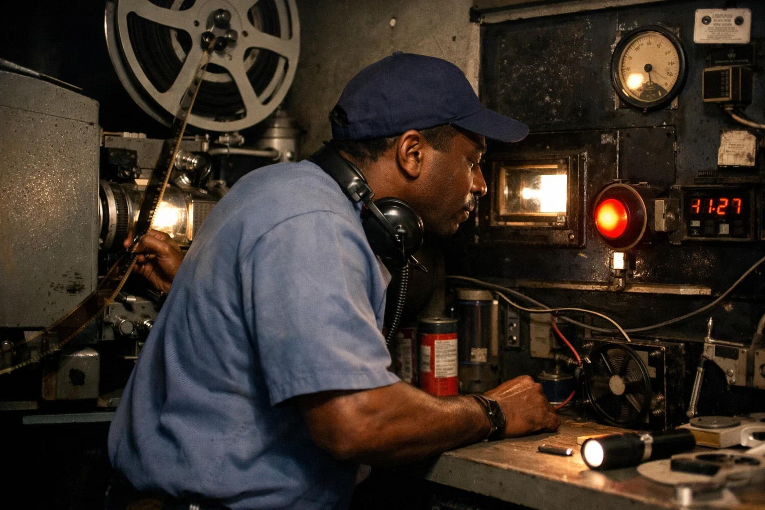 A man in a blue shirt and cap operates vintage film projection equipment in a dimly lit room, adjusting film reels. Gauges, a large red light, and control panels are visible on the wall.