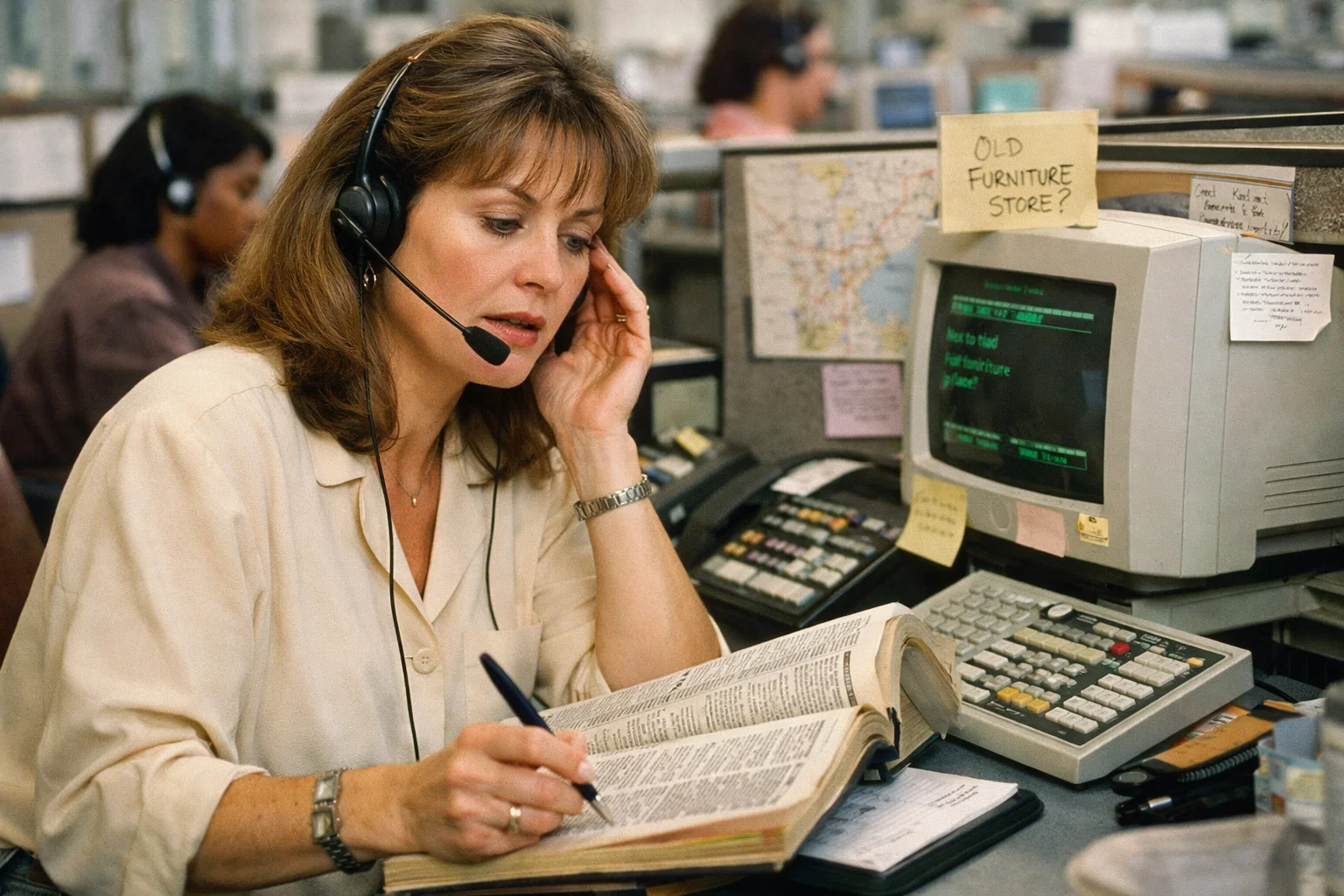 A woman wearing a headset sits at her desk in a busy office, looking at a phone directory and taking notes. An old computer with a green text screen, sticky notes, and a phone are visible on her cluttered workspace.