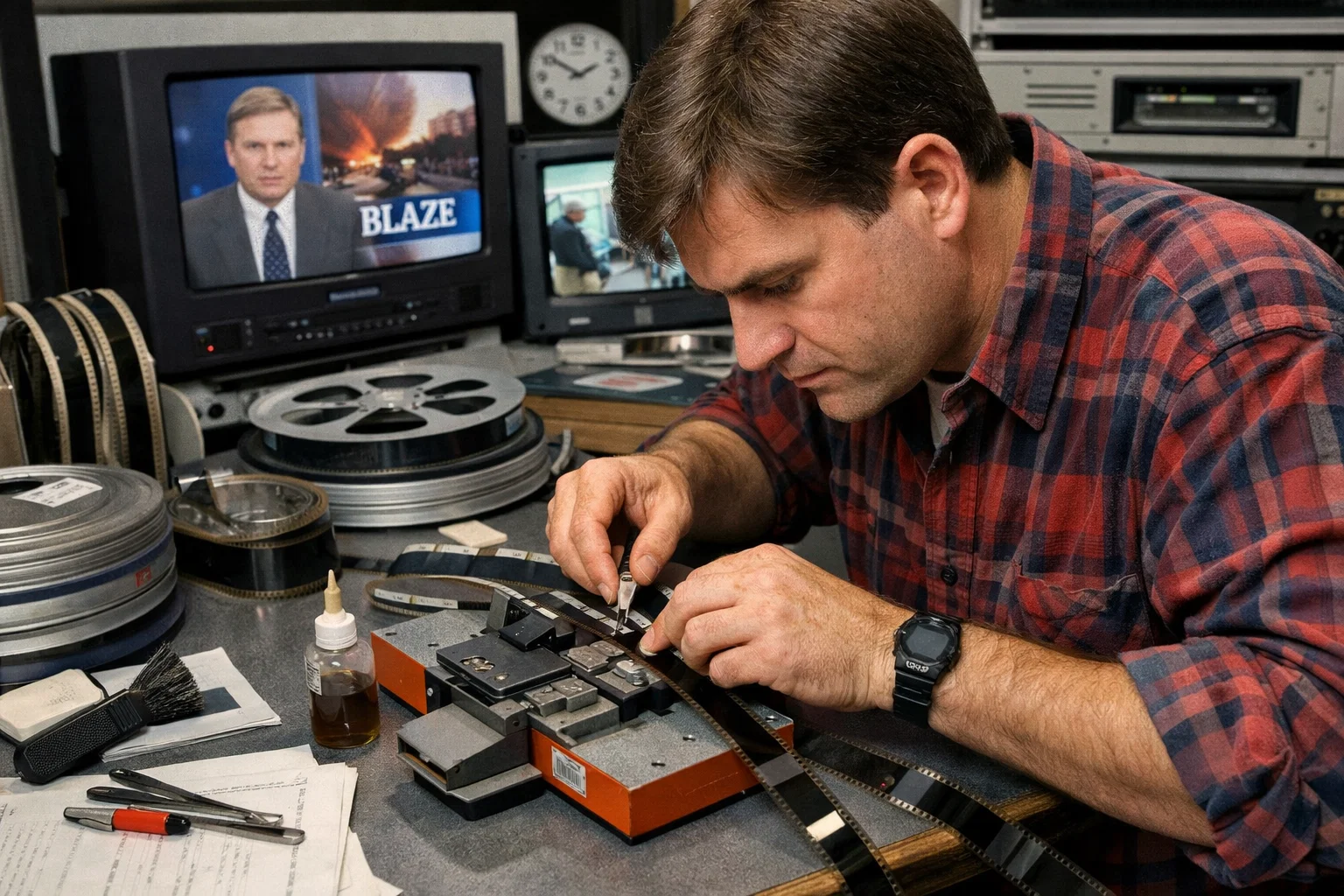 A man in a plaid shirt edits film strips at a desk with reels, tools, and a splicer. Behind him, a TV shows a news anchor and the word “BLAZE,” with clocks and equipment in the background.