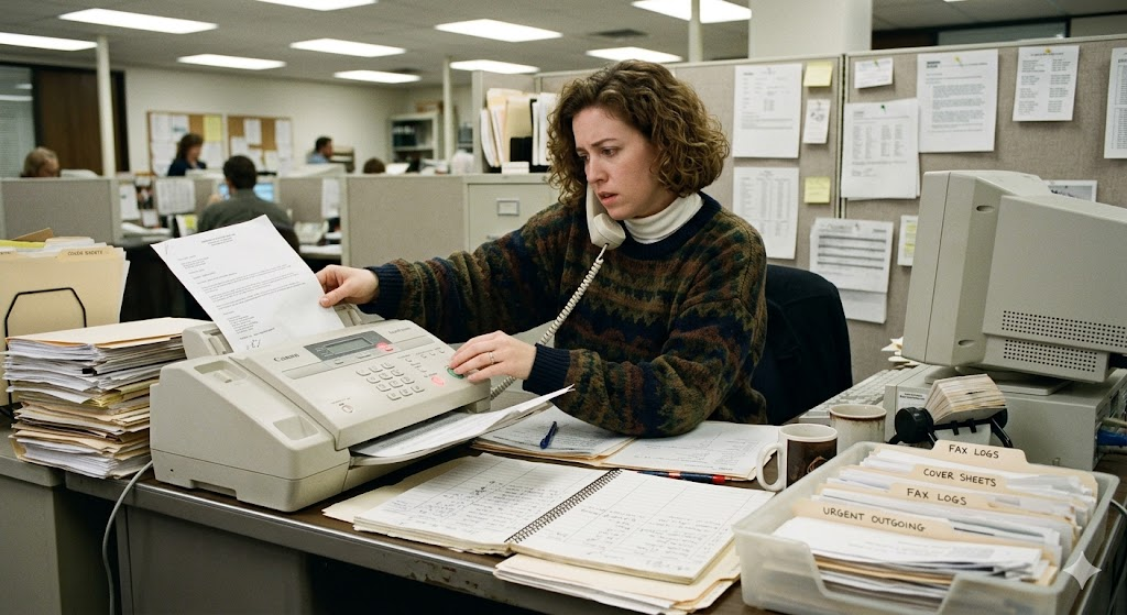 A woman in an office uses a fax machine while on the phone, surrounded by stacked paperwork, files, and a computer on her cluttered desk. Shelves and other office workers are visible in the background.
