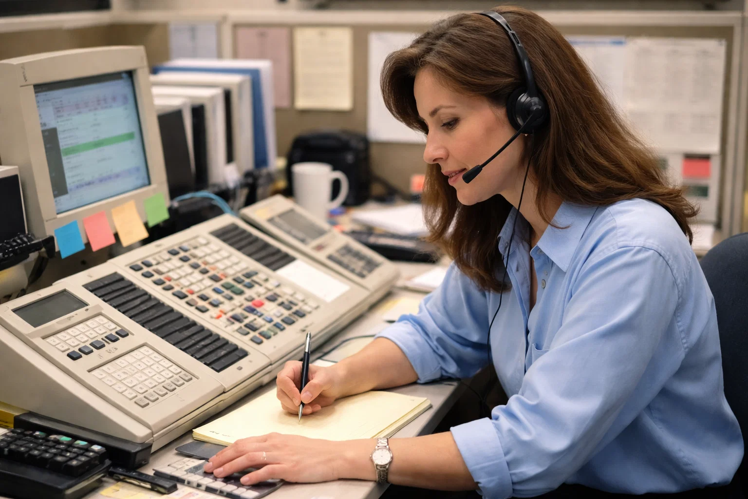 A woman wearing a headset sits at a desk with multiple phones, monitors, and office supplies, writing on a notepad while working in a busy office or call center environment.