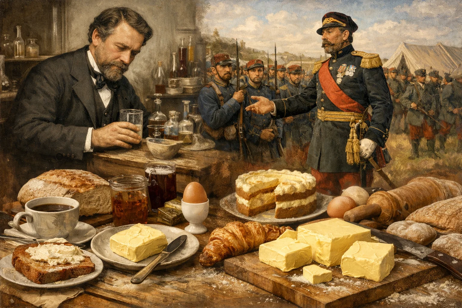 A table with bread, butter, pastries, eggs, coffee, and cake in the foreground; a man in a suit works with glassware on the left, while soldiers and an officer stand in a military camp scene in the background.