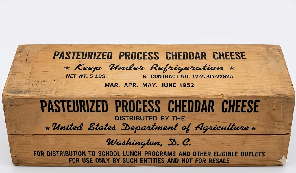 A wooden box labeled "Pasteurized Process Cheddar Cheese," distributed by the U.S. Department of Agriculture in 1952, for school lunch programs and not for resale. Instructions to keep under refrigeration are visible.
