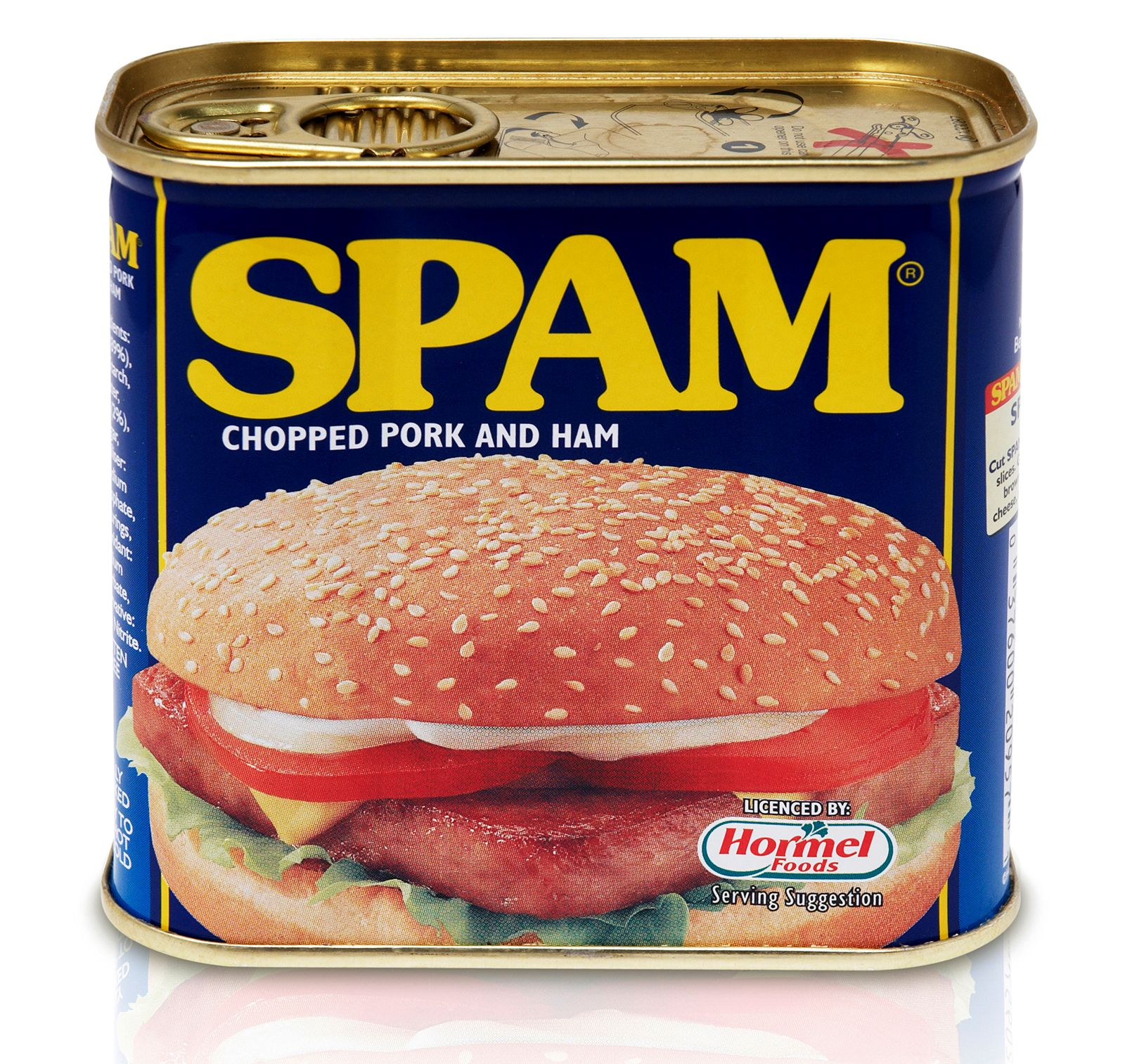 A blue and gold can of SPAM with a pull-tab lid, featuring the word "SPAM" in large yellow letters and an image of a sandwich with pork, ham, lettuce, and tomato on a sesame bun.