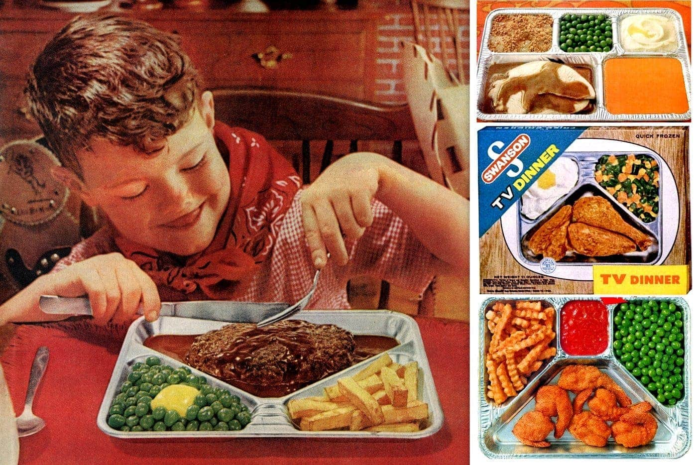 A smiling child in a red bandana eats a TV dinner with compartments for meat, fries, peas, and a pat of butter. Beside him are three packaged TV dinners featuring various classic meal combinations.