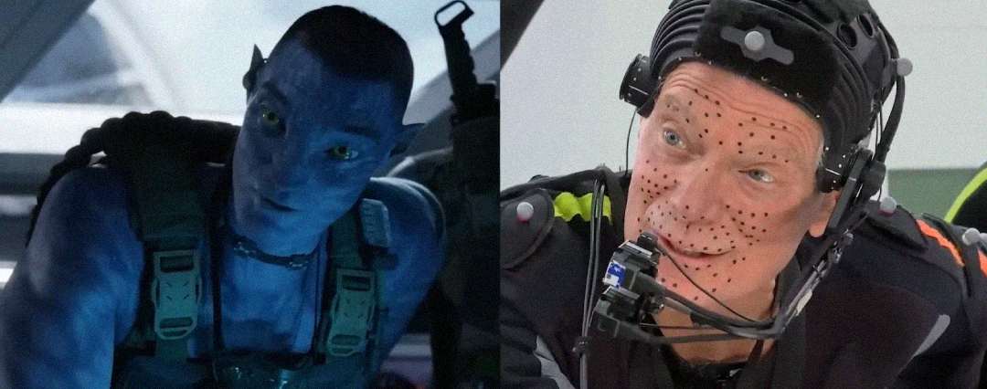 Split image showing a blue Na’vi character from Avatar on the left and an actor in a motion capture suit with facial markers on the right, illustrating the process of creating CGI characters.