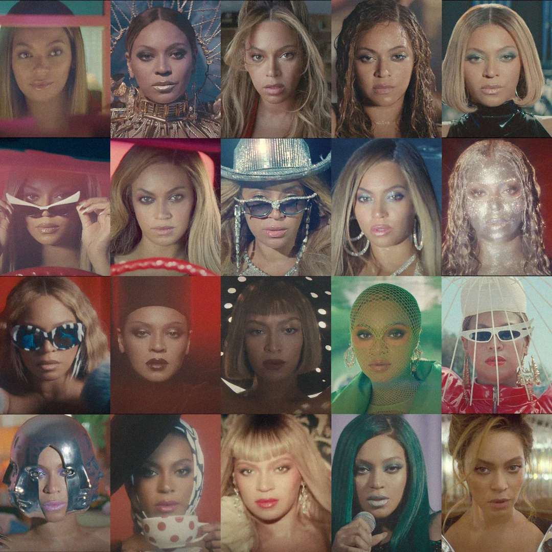 A grid of 20 portraits features a woman with varying hairstyles, makeup, and costumes, each showcasing a distinct look, ranging from futuristic and glamorous to classic and avant-garde styles.