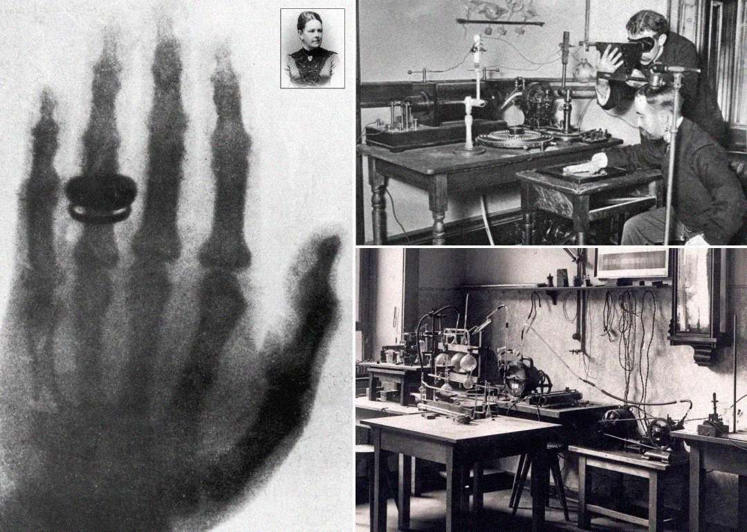 A collage with three black-and-white photos: an X-ray of a hand with a ring, a portrait of a woman, two men operating early scientific equipment, and a laboratory with various machines and wires.