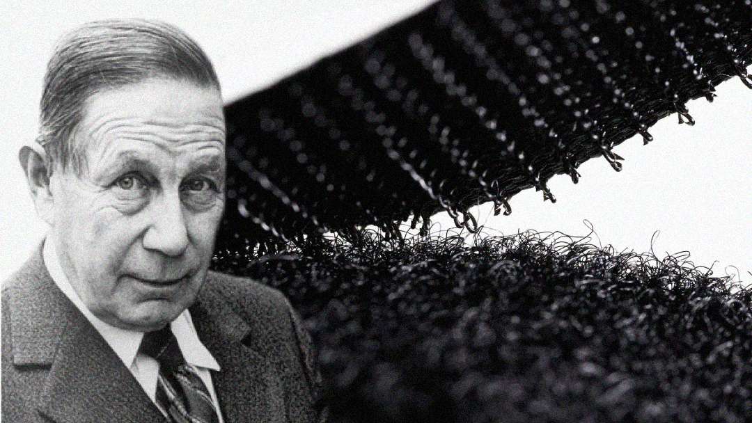An older man in a suit appears beside a close-up image of black hook-and-loop fasteners, commonly known as Velcro. The background is plain and light, highlighting both the man and the fasteners.