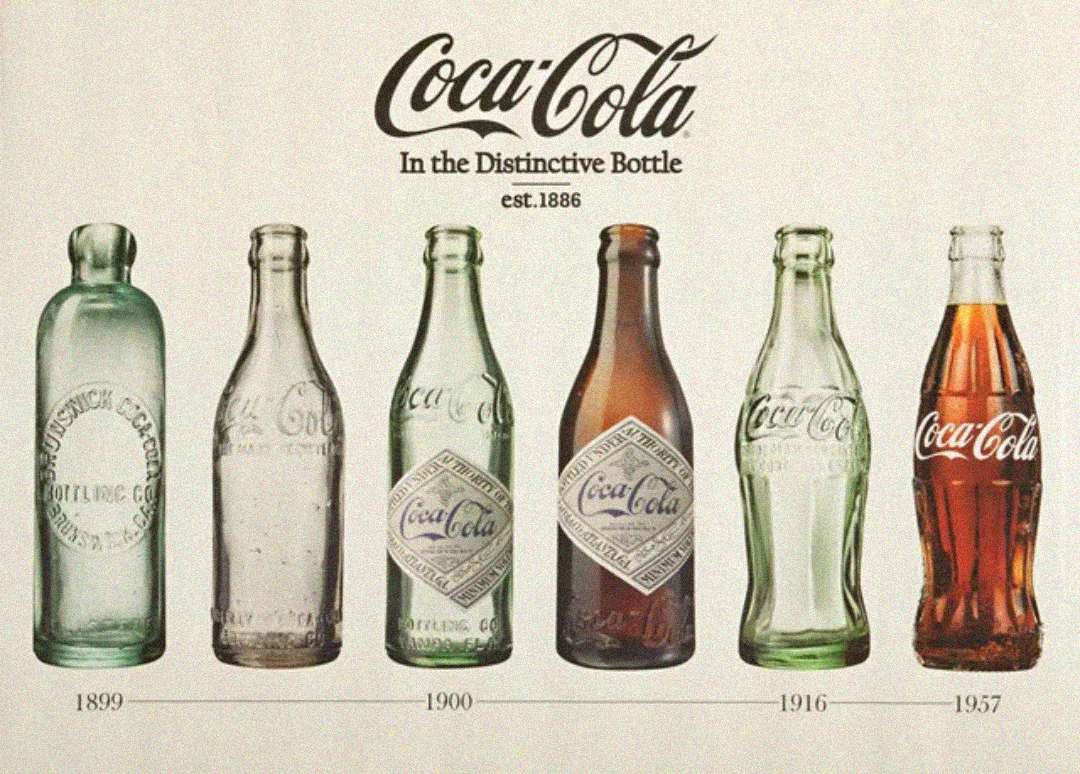 Six Coca-Cola bottles from 1899 to 1957, showing the evolution of their shapes and labels, with the final bottle filled with Coke and branded with the classic white Coca-Cola script.