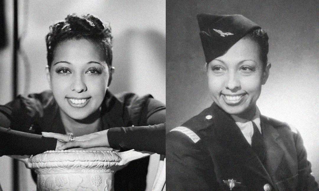 Side-by-side black-and-white photos of the same smiling woman; on the left, she is dressed formally and resting her arms on a pedestal, on the right, she wears a military uniform and cap.