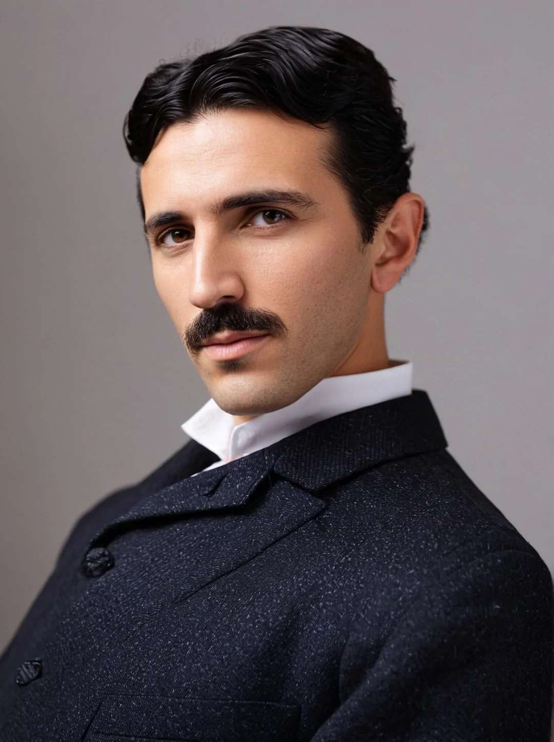 A man with dark hair and a mustache, wearing a dark textured suit and white collared shirt, poses against a neutral background, looking confidently at the camera.