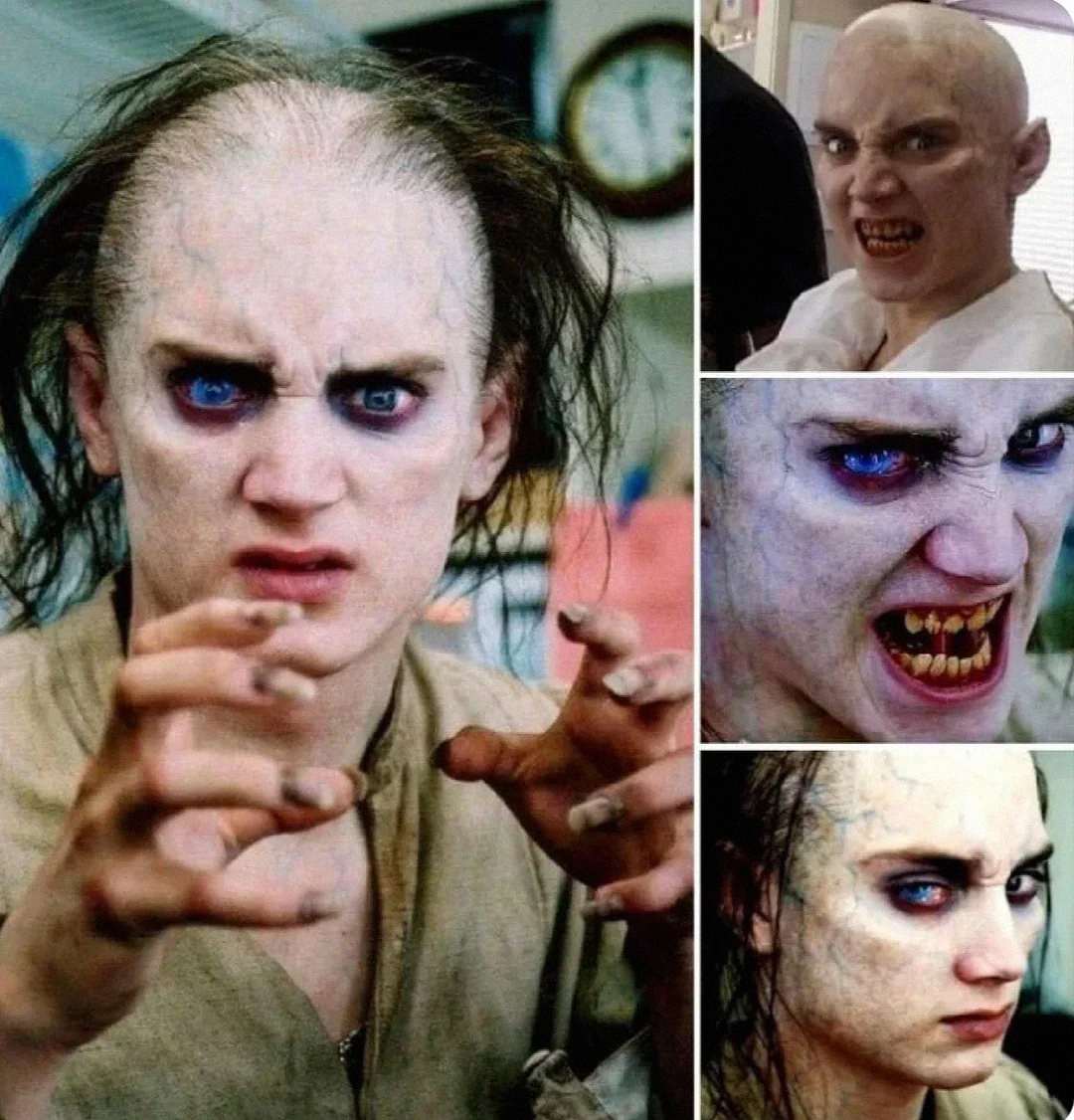 A person in eerie makeup with pale skin, messy hair, blue contact lenses, and dark rings around their eyes poses in various intense expressions, showing fangs and veiny skin to resemble a vampire or monster.