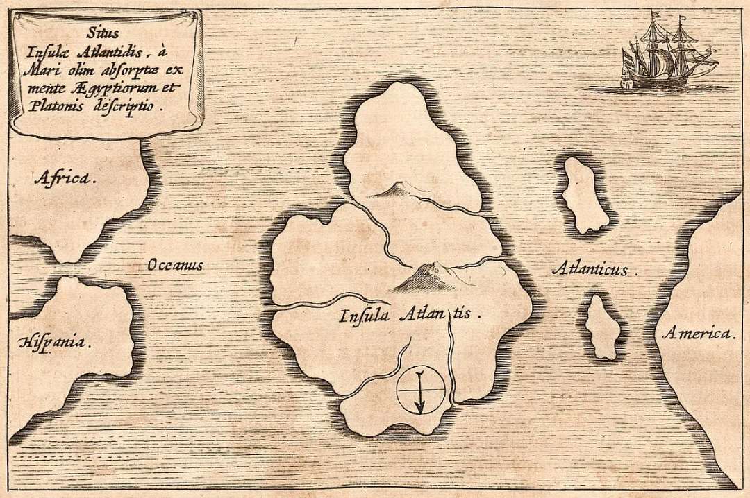A vintage map depicts the mythical island of Atlantis in the Atlantic Ocean, with surrounding regions labeled as Africa, Hispania, and America. A sailing ship is shown in the upper right corner. Latin text appears in the top left.