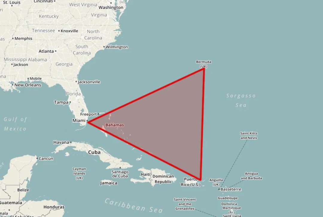 A map showing the Bermuda Triangle as a red triangle connecting Miami, Bermuda, and Puerto Rico, covering part of the Atlantic Ocean and nearby land areas.