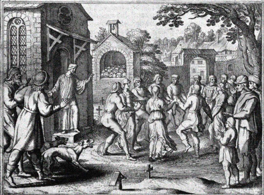 A black-and-white illustration of people dancing in a churchyard while a priest gestures from a doorway. Several onlookers watch, and a dog stands nearby. In the background there are gravestones, trees, and buildings.