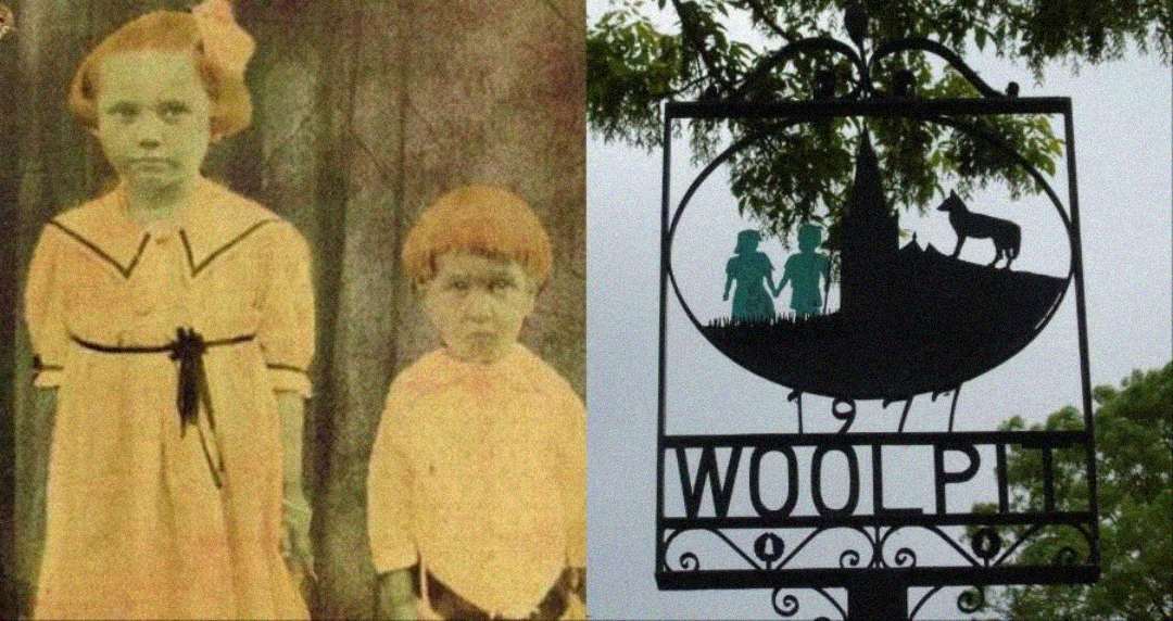 Two-panel image: Left, an old sepia photo of a young girl and boy in vintage clothing. Right, a metal town sign reading "Woolp," showing silhouettes of two children, trees, and a wolf.