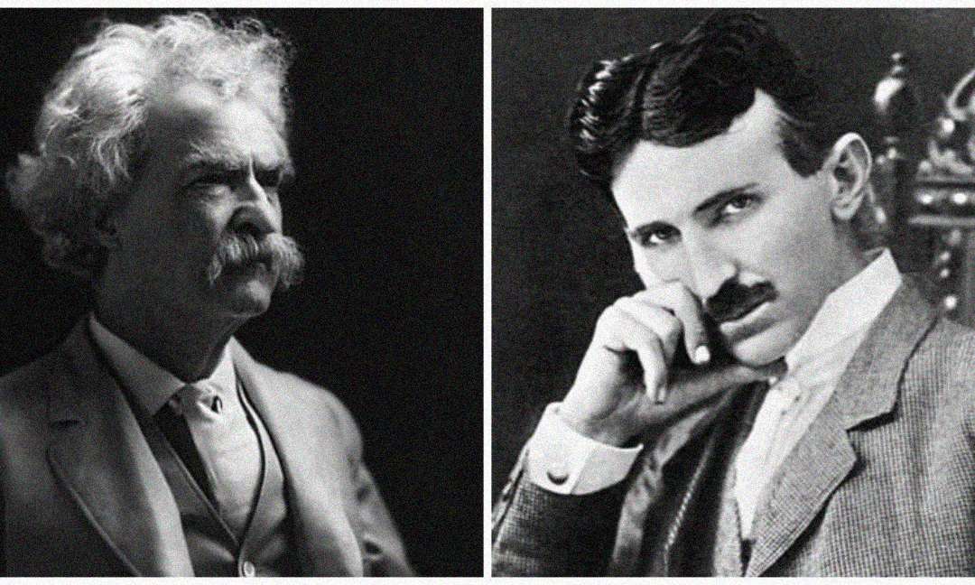 A black-and-white split image shows two men with mustaches. The man on the left has white hair and a large mustache, wearing a suit. The man on the right has dark hair, a mustache, and is resting his face on his hand.