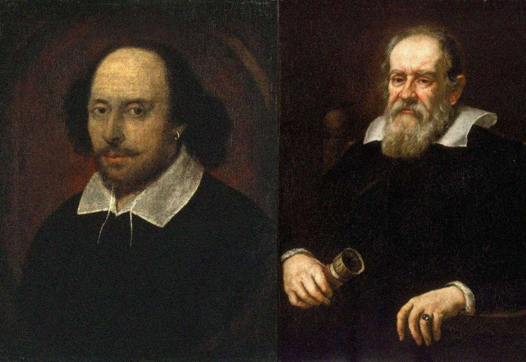 Side-by-side portraits of two men in dark clothing with white collars. The left man has a receding hairline and mustache; the right man has a white beard and holds a scroll in his hand.