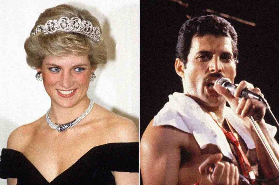 A split image shows a woman in a tiara and necklace smiling on the left, and a man with a mustache singing into a microphone on stage on the right.