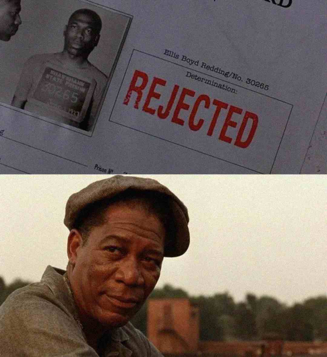 A prison document stamped "REJECTED" next to a mugshot is shown above an older man in a hat and work clothes outdoors, looking thoughtful.