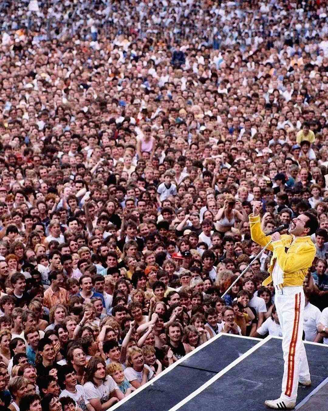 A singer in a yellow jacket performs passionately on stage in front of a massive, cheering crowd at an outdoor concert. The audience is tightly packed and enthusiastic.