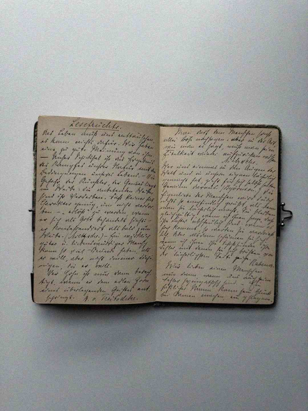 An old, open notebook with handwritten text in cursive script on both pages, resting on a plain white surface. The handwriting is dense and appears to be in German.