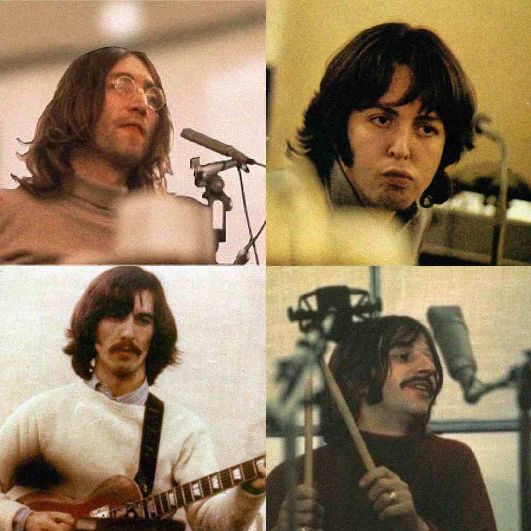 A collage of four photos shows four men with long hair and 1970s clothing, each playing music: one singing at a microphone, one singing, one playing guitar, and one playing drums in a recording studio.