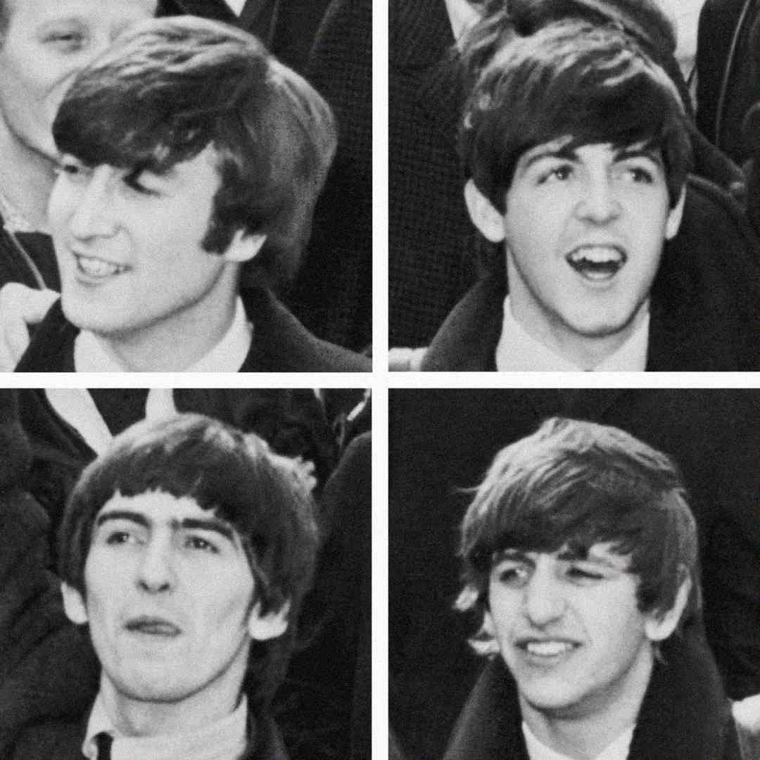 Four black-and-white portraits arranged in a grid, each showing a young man with distinct 1960s hairstyles, smiling or making different facial expressions. They are wearing jackets and shirts, and appear to be outdoors.