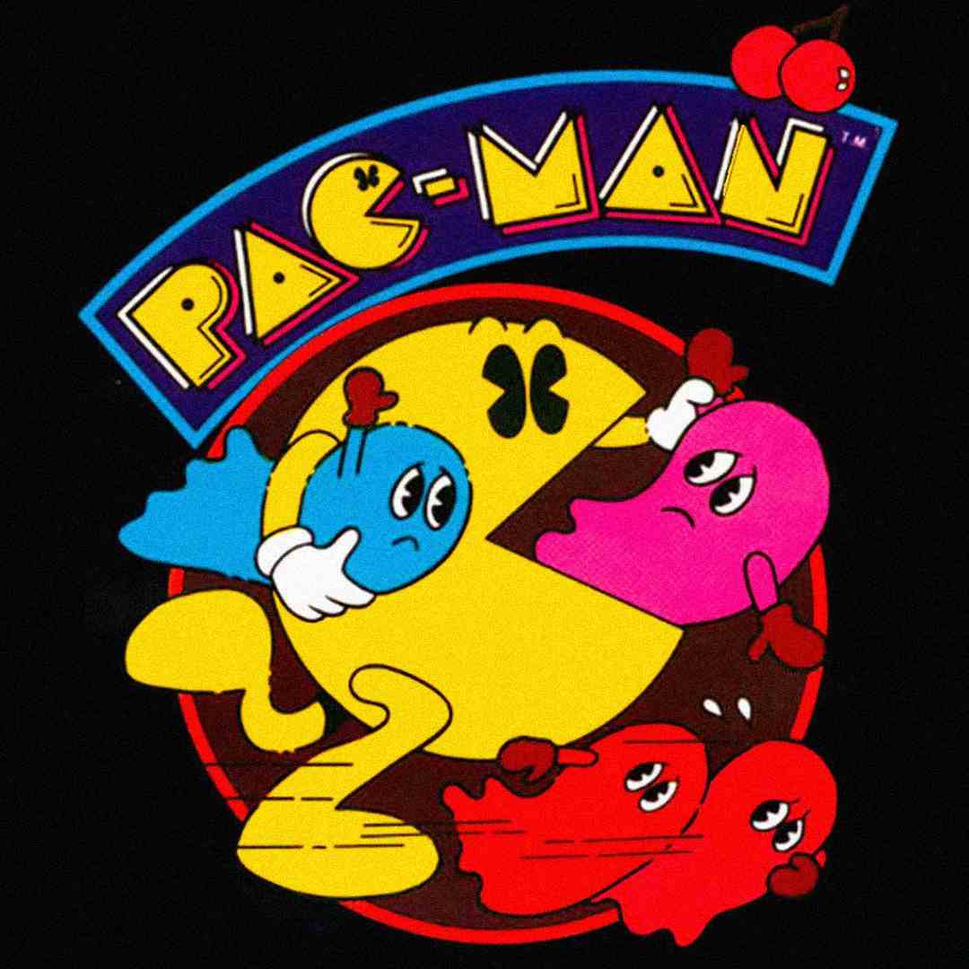 Pac-Man logo with Pac-Man chasing three colorful ghosts—blue, pink, and red—inside a red circle. Two cherries sit above the logo, all set against a black background.