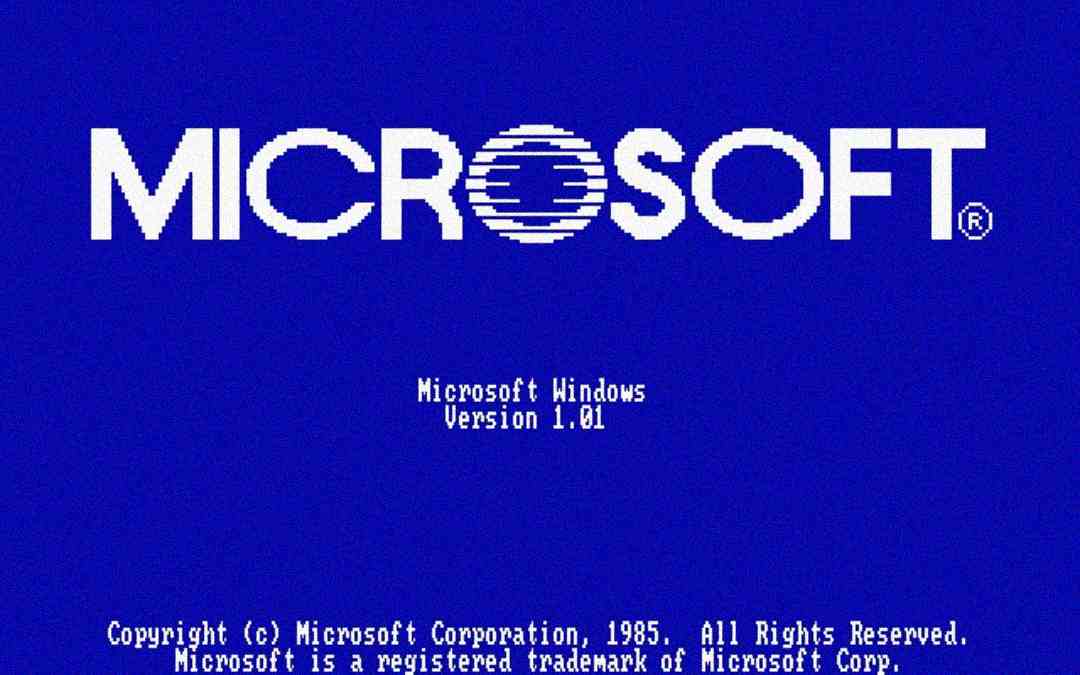 Blue screen with large white "MICROSOFT" logo, text "Microsoft Windows Version 1.01" below it, and copyright information at the bottom in small white letters.