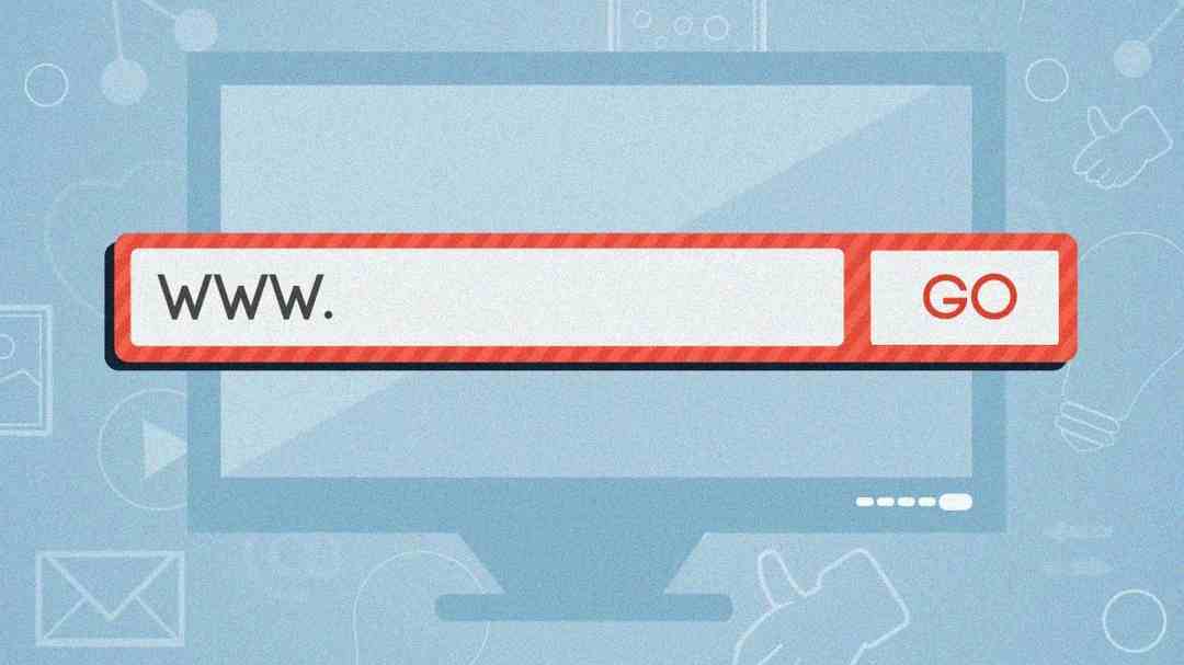 Illustration of a computer monitor displaying a search bar with "WWW." typed in and a red "GO" button, set against a blue background with faint internet-themed icons.