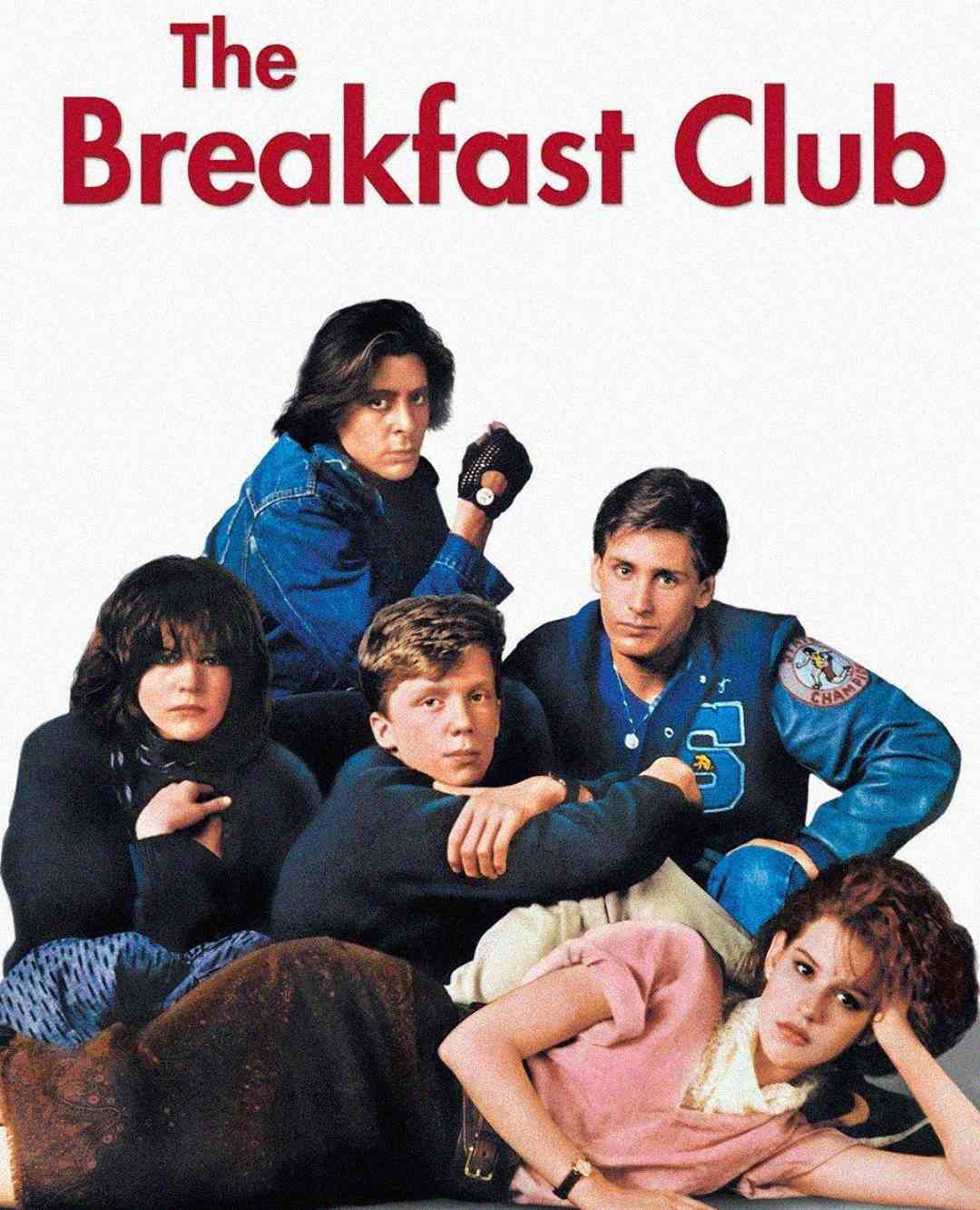 Five teenagers dressed in 1980s fashion pose together under the title "The Breakfast Club" on a white background, each showing distinct personalities through their clothing and expressions.