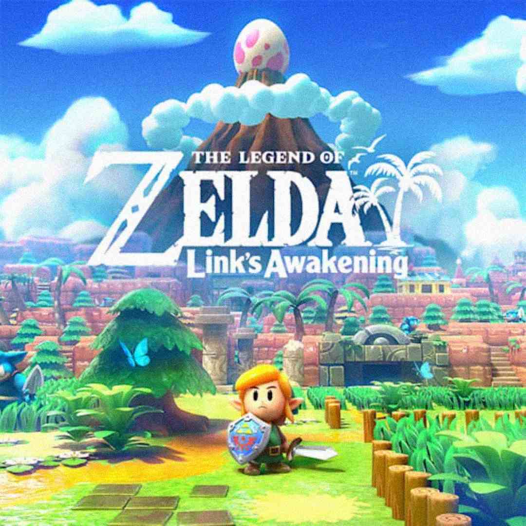 Colorful cover art for "The Legend of Zelda: Link's Awakening," showing cartoon-style Link with sword and shield in a lush landscape, with a mountain and egg in the background under a bright blue sky.