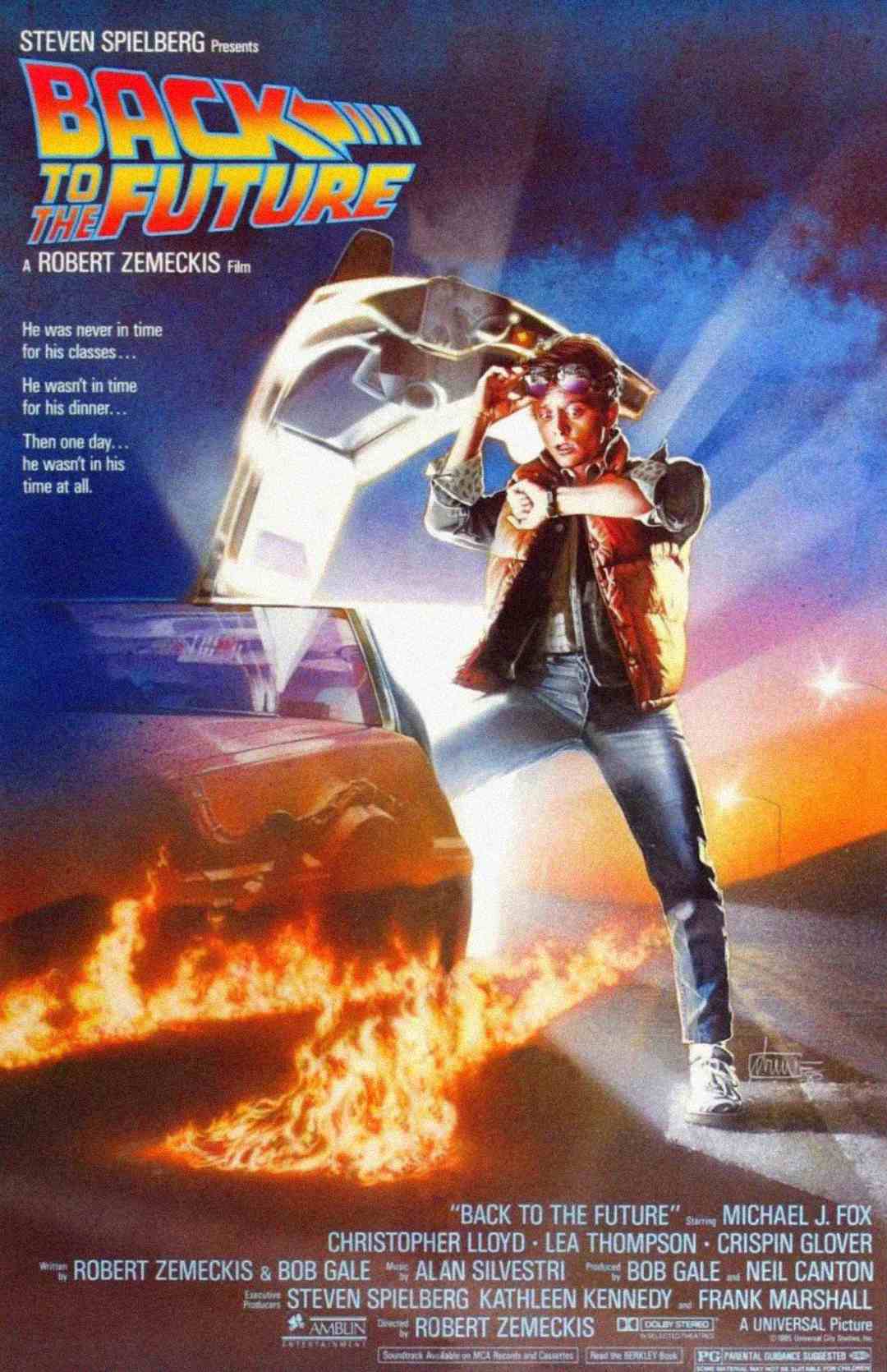 A movie poster for "Back to the Future" shows Marty McFly stepping out of a DeLorean car with its gull-wing door open, surrounded by flames, looking at his watch. The film title is at the top in bold, stylized letters.