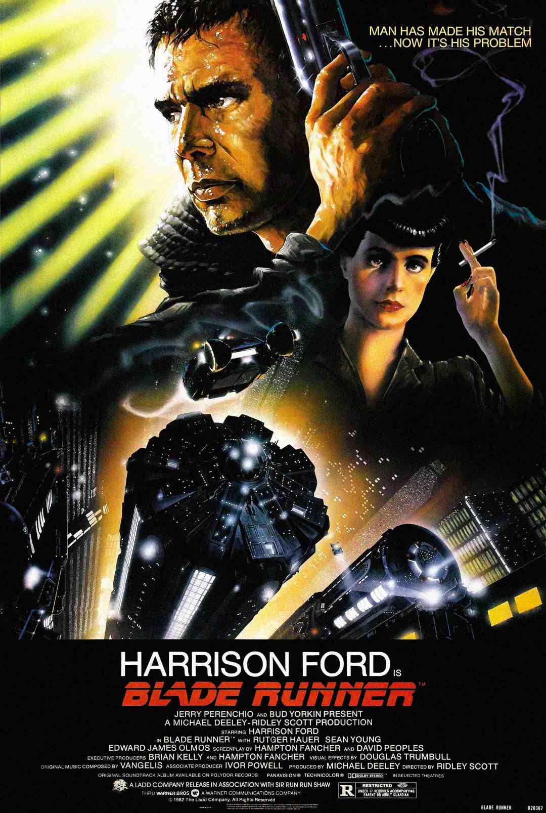 A dramatic, futuristic movie poster for "Blade Runner" shows a serious man holding a gun, a woman with dark hair, flying cars, city lights, and the tagline "Man has made his match... now it's his problem.