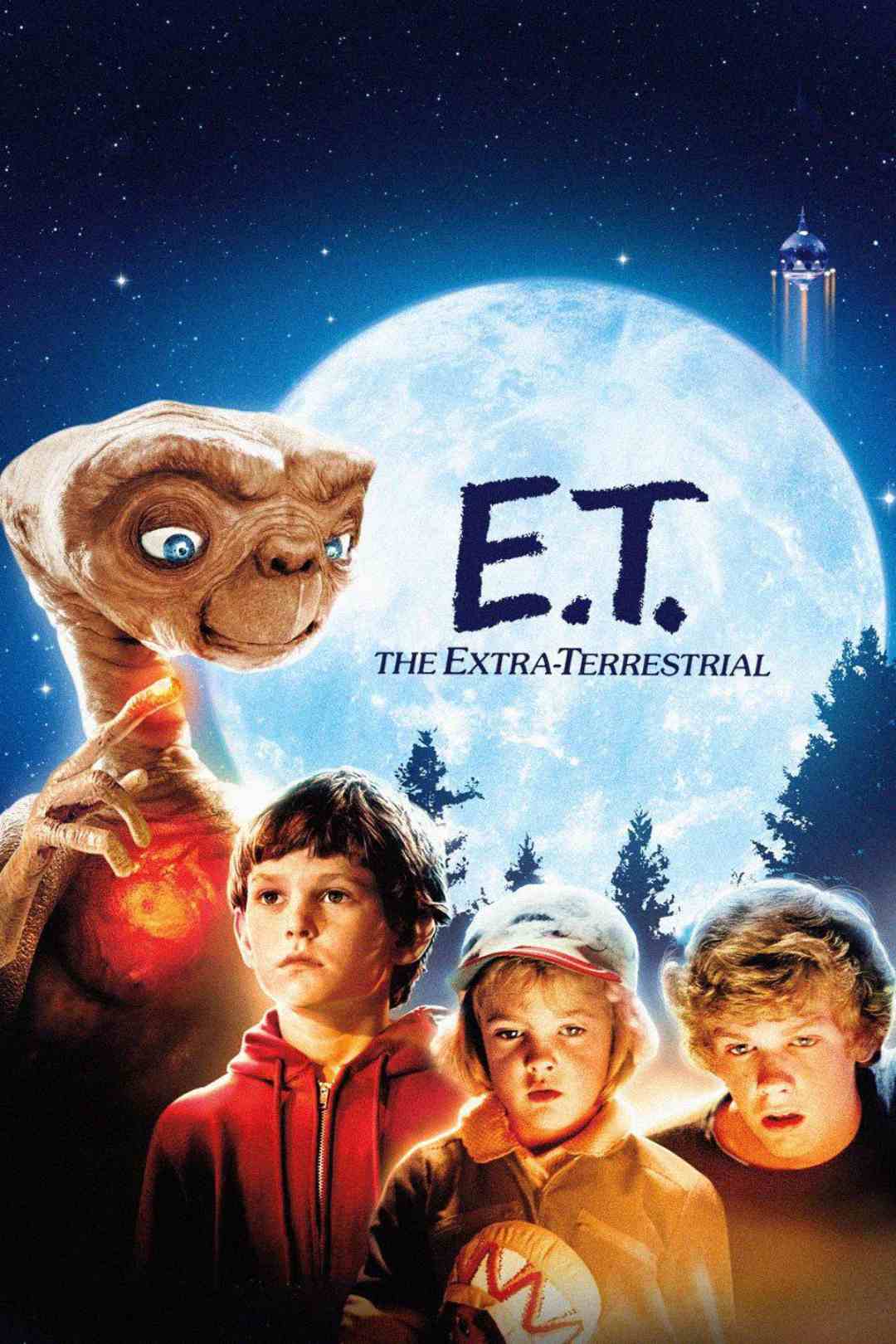 Poster for the film "E.T. The Extra-Terrestrial," featuring the alien E.T., three children in front, and a glowing full moon in the background. The movie title is displayed across the moon.