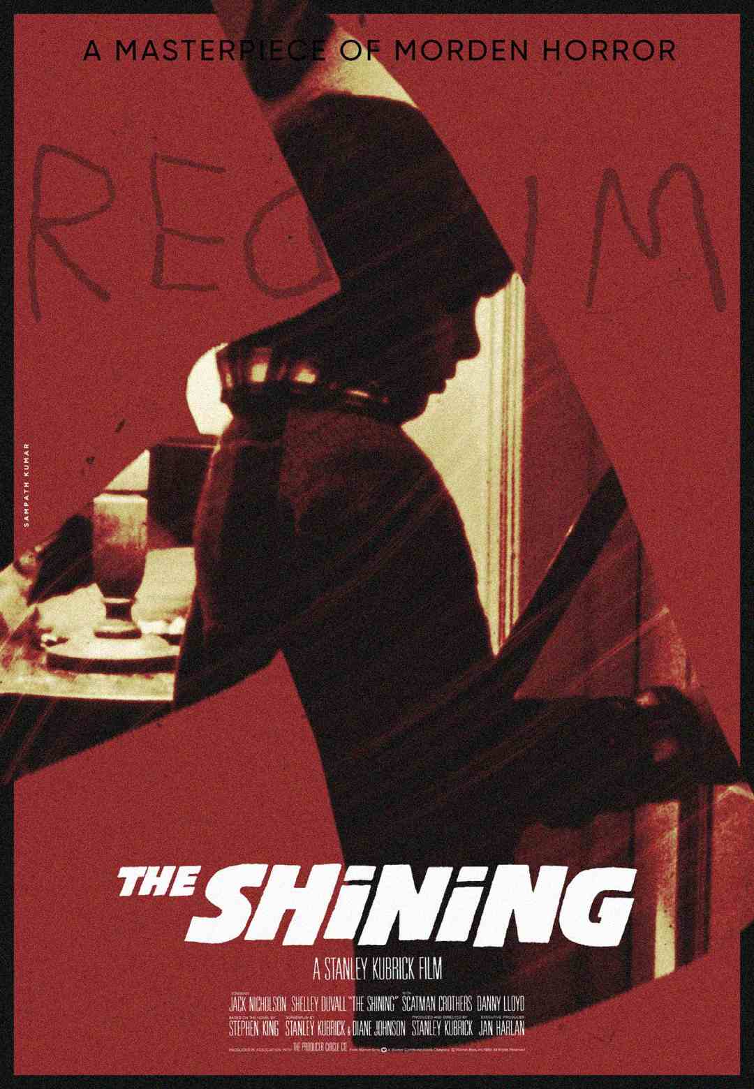 A dark, eerie poster for "The Shining" shows a shadowy figure and the word "REDRUM" scrawled in red. The tagline reads "A Masterpiece of Modern Horror." Title and credits appear at the bottom.