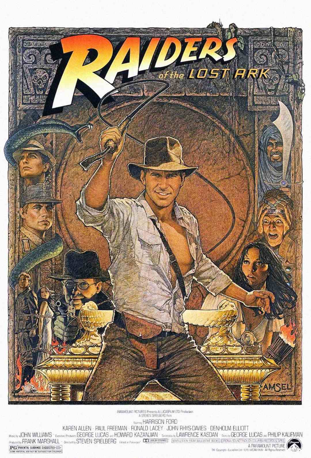 Illustrated movie poster for "Raiders of the Lost Ark" featuring a man in a fedora with a whip, surrounded by action scenes, artifacts, and dramatic characters against an adventurous, ancient backdrop.