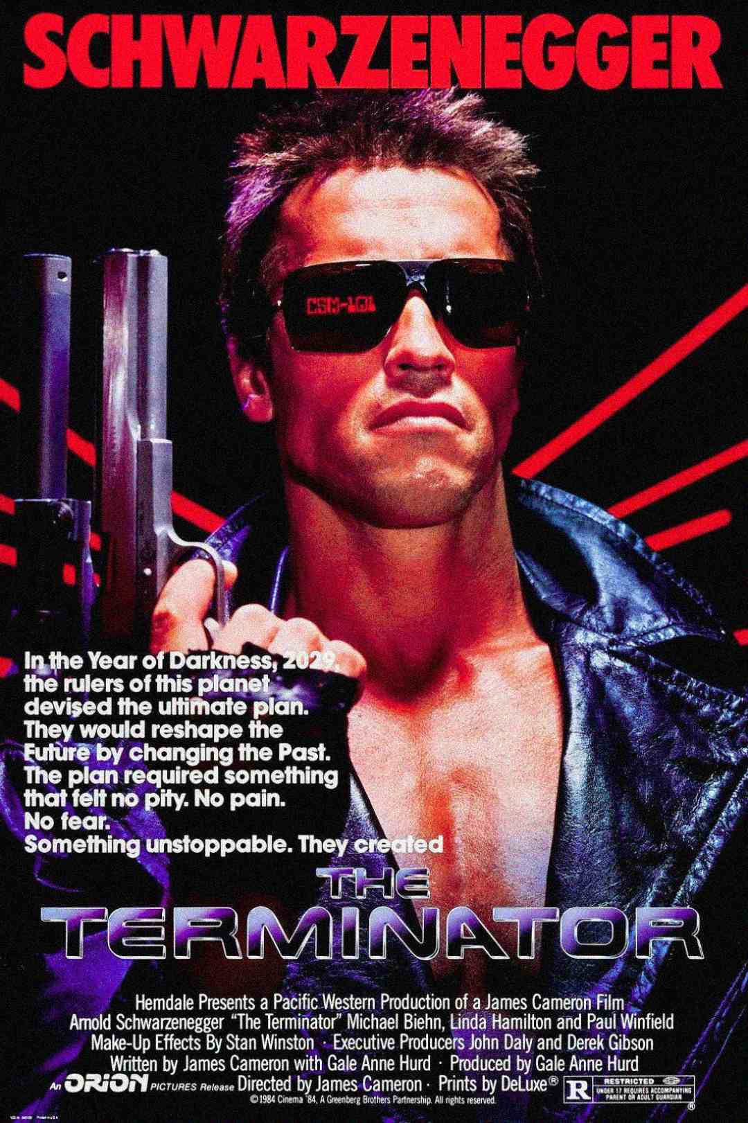 Movie poster for "The Terminator" featuring Arnold Schwarzenegger in sunglasses and leather jacket, holding a gun, with bold red and blue text and a futuristic, neon-themed design.