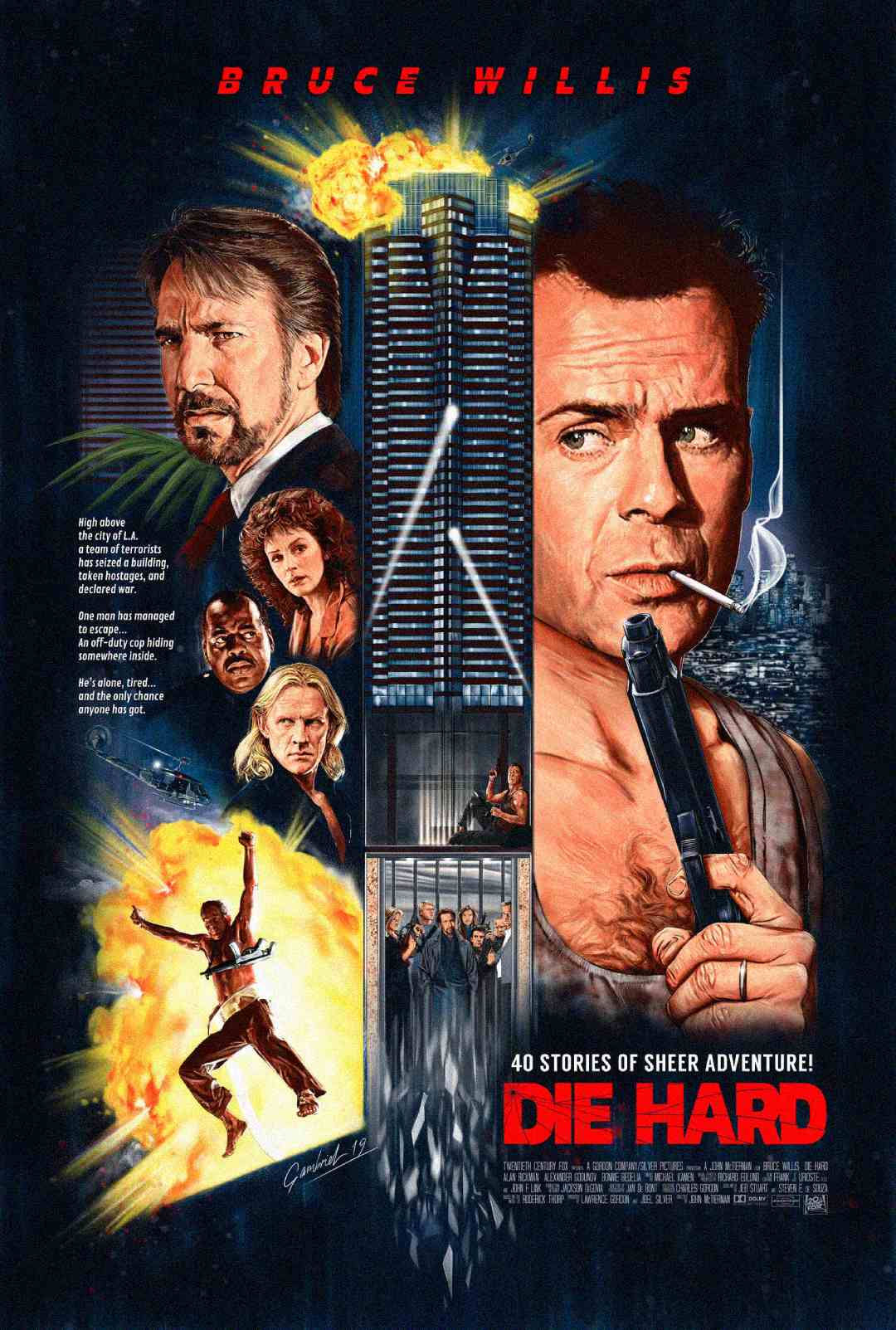 Movie poster for "Die Hard" featuring Bruce Willis holding a gun, a smoking building, explosions, and other characters, with bold red title text at the bottom and tagline "40 stories of sheer adventure!