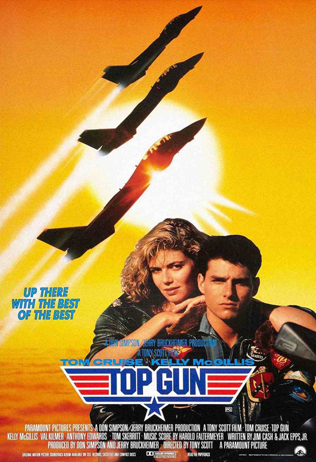 Movie poster for "Top Gun" featuring fighter jets flying upward against a yellow-orange sky, with a man in a leather jacket and a woman leaning on him, and the "Top Gun" logo at the bottom.