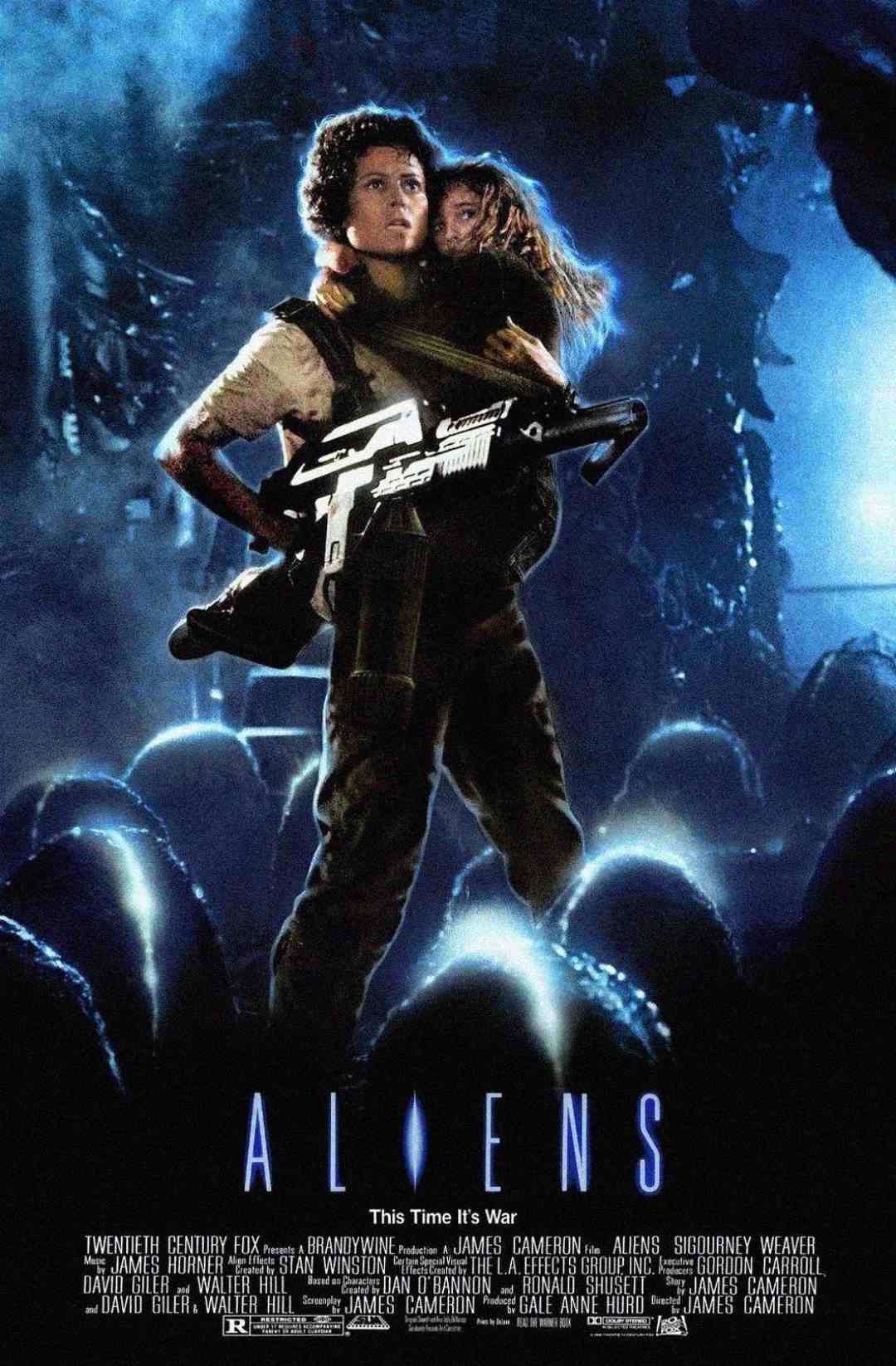 Movie poster for "Aliens" showing a woman holding a large weapon and carrying a child, standing among alien egg-like objects with a dark, eerie background. The movie title "ALIENS" and credits appear below.