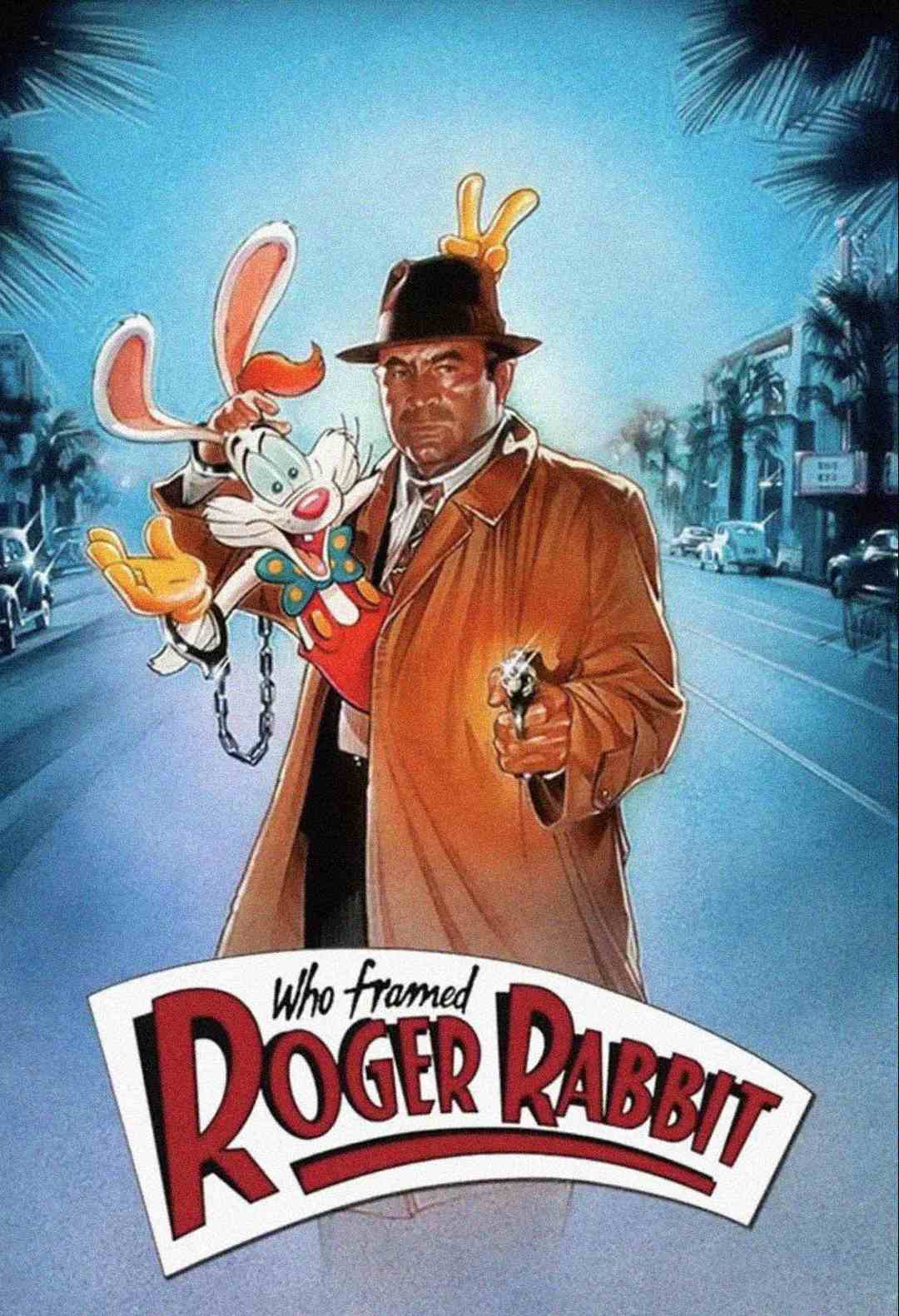 A cartoon rabbit and a serious man in a trench coat stand together on a city street. The man holds a gun and the rabbit is handcuffed to him. Text at the bottom reads, "Who Framed Roger Rabbit.