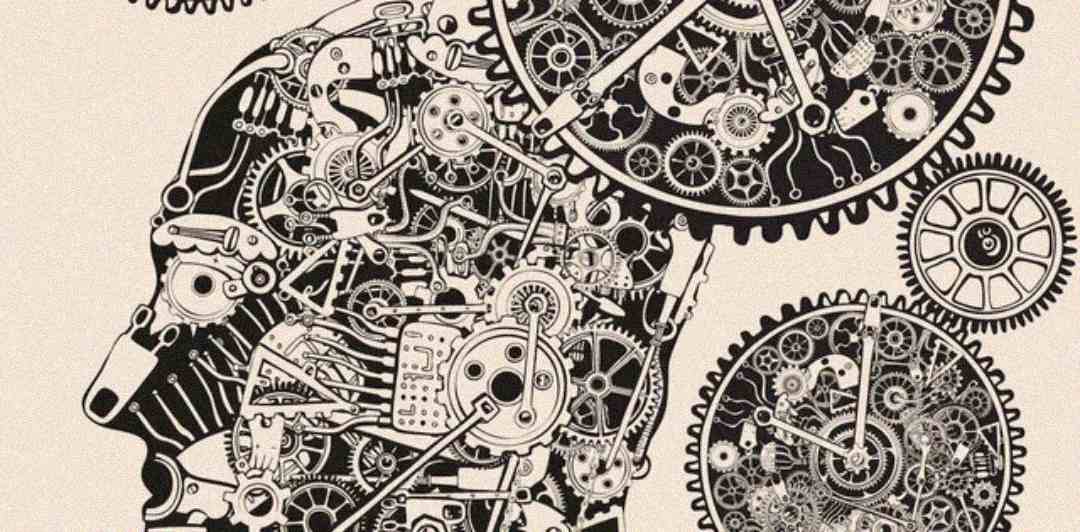 A detailed illustration of a human head in profile view, constructed from interconnected gears, cogs, and mechanical parts, evoking the concept of the mind as a complex machine.