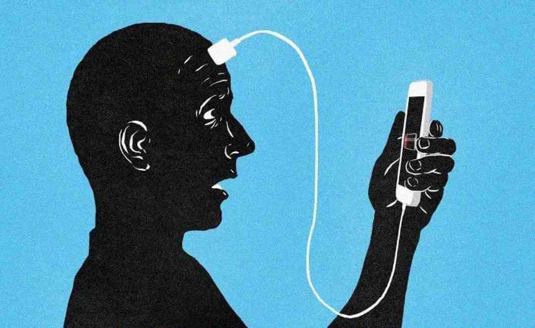 A silhouette of a person holding a smartphone with a charging cable plugged into their head, illustrating the concept of technology or smartphones affecting the mind. The background is blue.