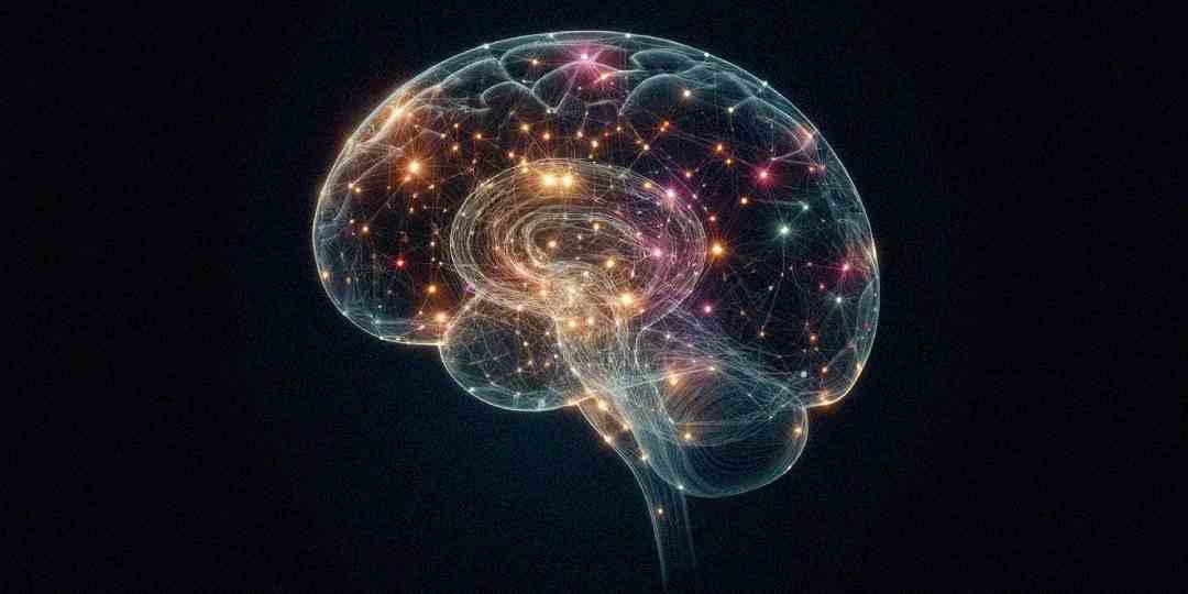 A digital illustration of a human brain is shown with glowing, interconnected neural pathways and colorful points of light, symbolizing neural activity, on a dark background.