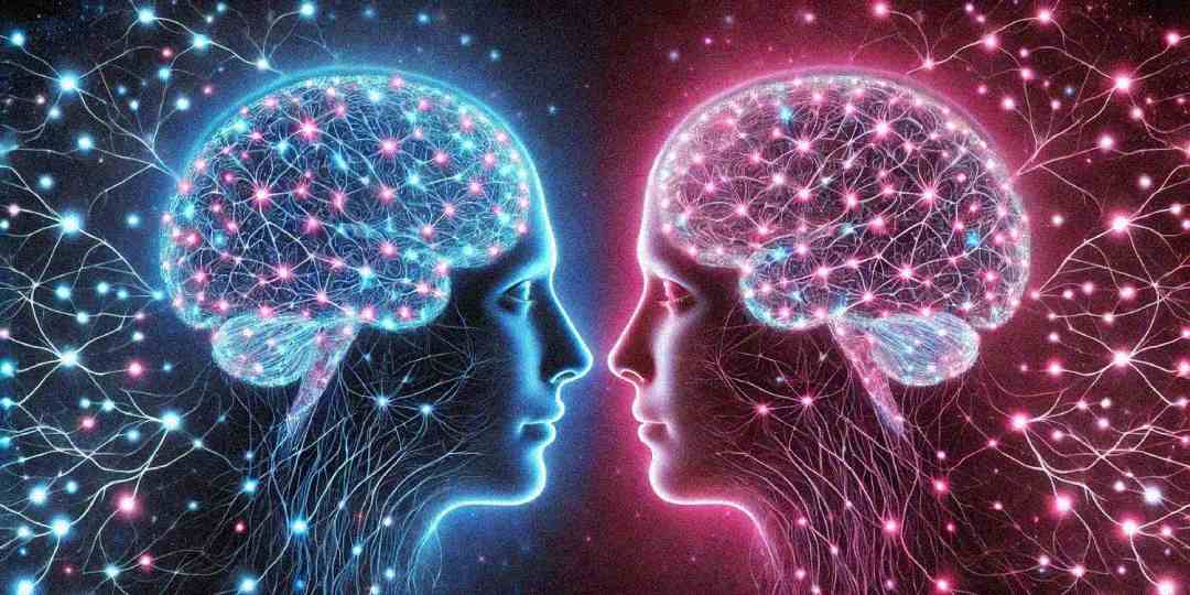 Two human profiles face each other, each with a glowing brain filled with neural connections—one blue and one pink—against a dark background with branching neural patterns.
